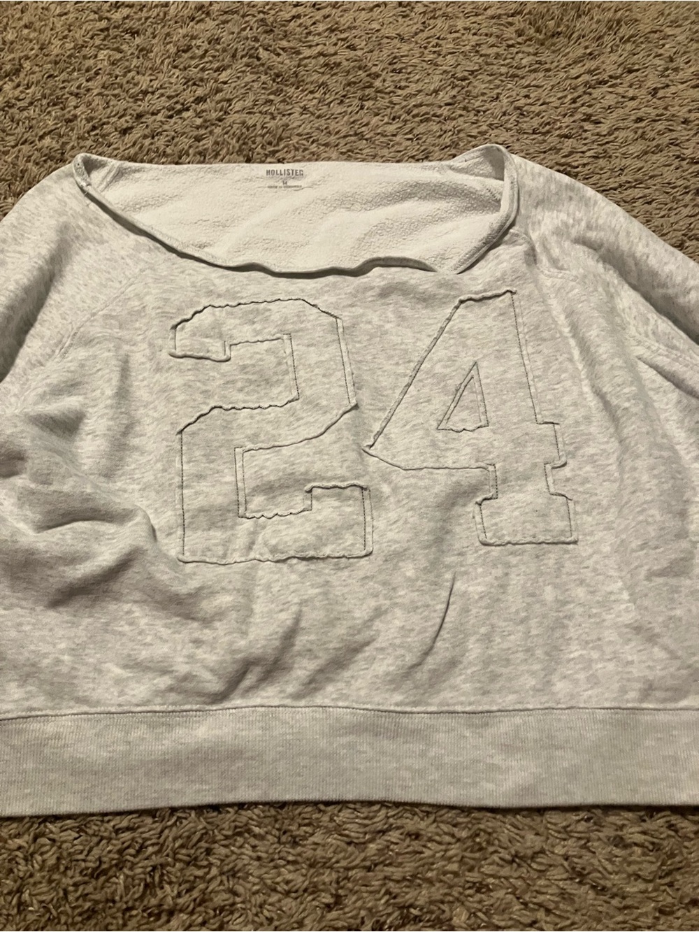 Hollister Off-the-Shoulder Sweater in Light Gray with '24' Detail